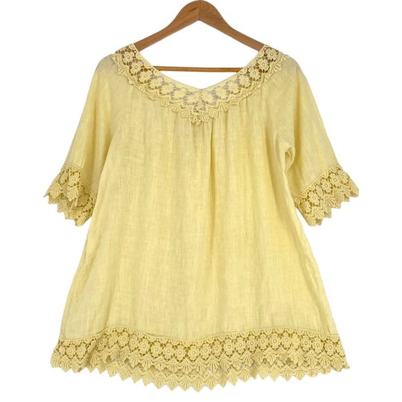 Piazza Roma XS Yellow Linen Top Crochet Lace Blouse Boho Bohemian Made in Italy - Picture 5 of 11